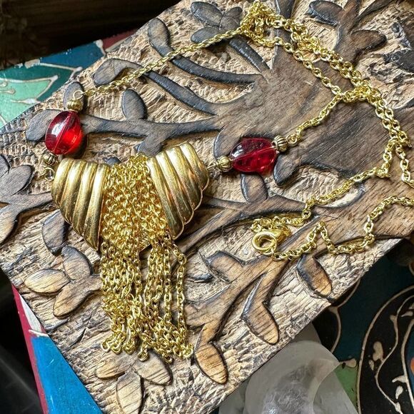 Vintage Napier Gold Fringe Red Bead Necklace - Picture 3 of 5